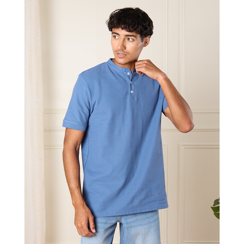 Men Blue Basic Henley Polo Shirt