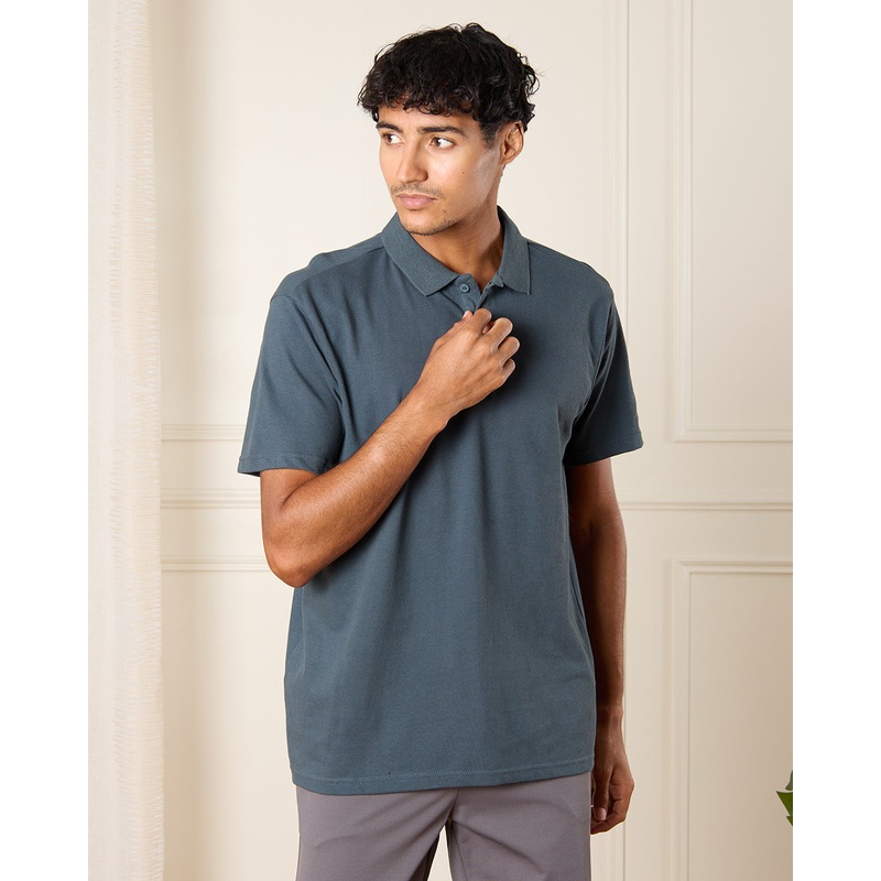 Men Charcoal Plain Basic Polo Shirt