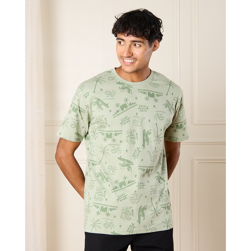 Men Green Printed Basic Round Neck T-Shirt