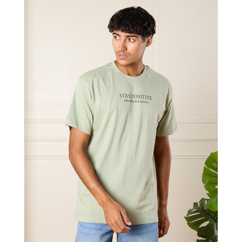Men Grey Stay Positive Print T-Shirt