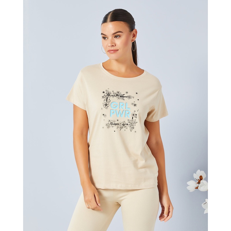Women Beige Basic Graphic T-Shirt