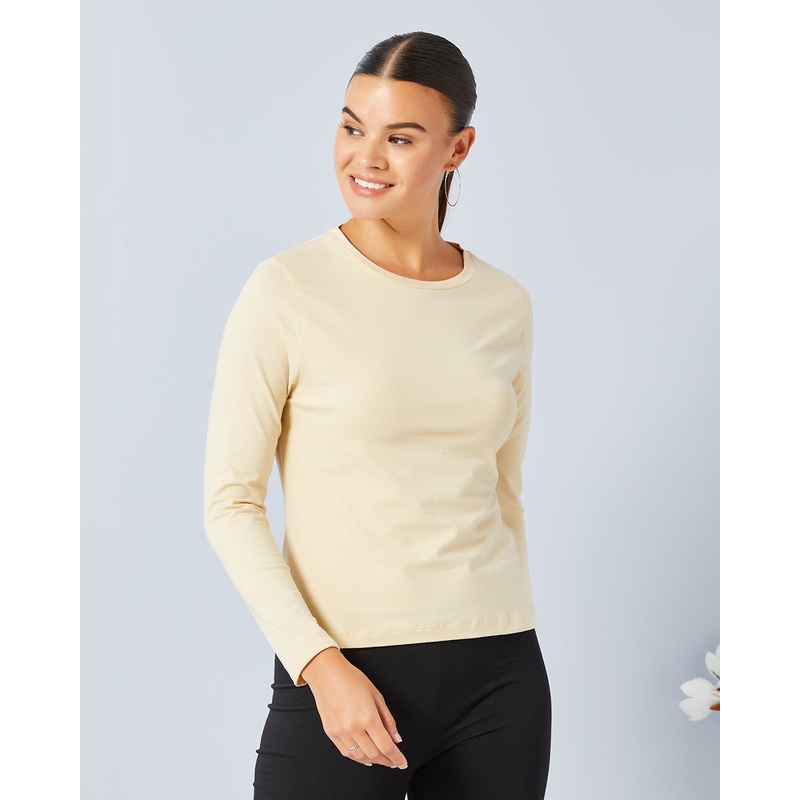 Women Beige Solid Long Sleeve T-Shirt