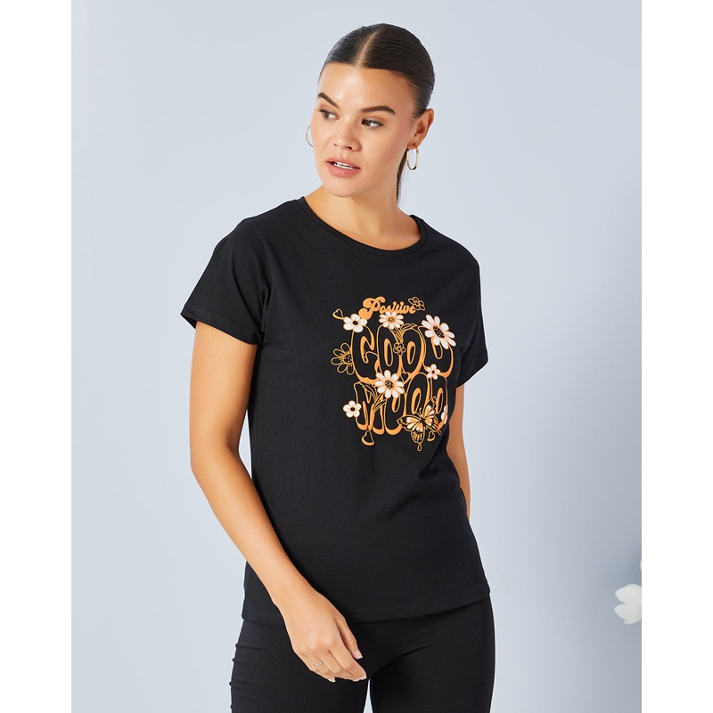 Women Black Basic Graphic T-Shirt