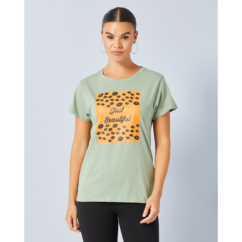 Women Green Basic Graphic T-Shirt