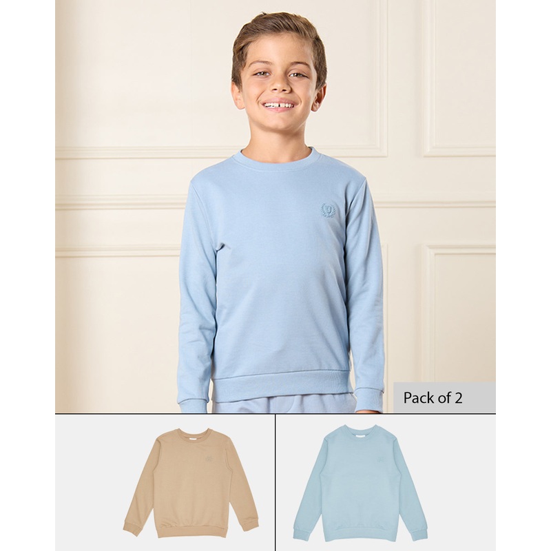 Boys Brown And Blue Solid Sweatshirt Set (Pack of 2)