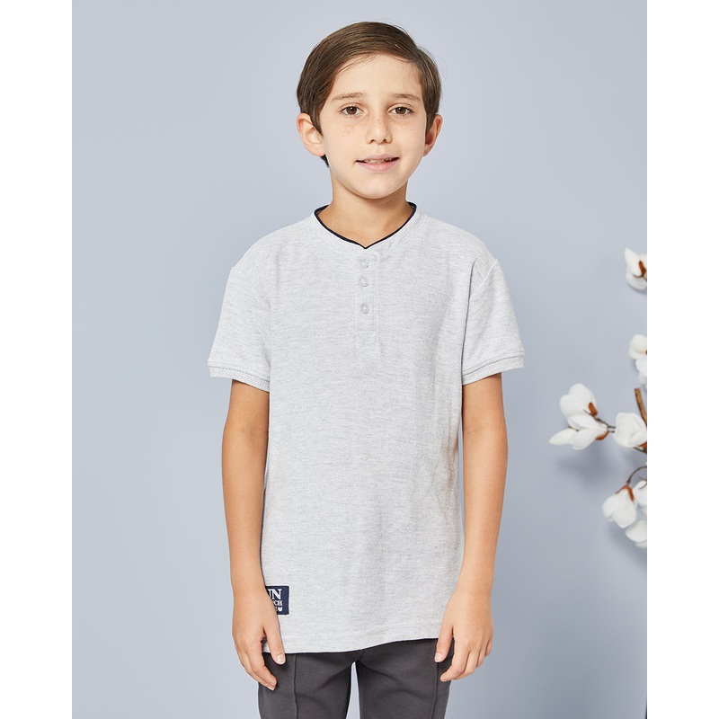 Boys Grey Mandarin Collared Polo Shirt