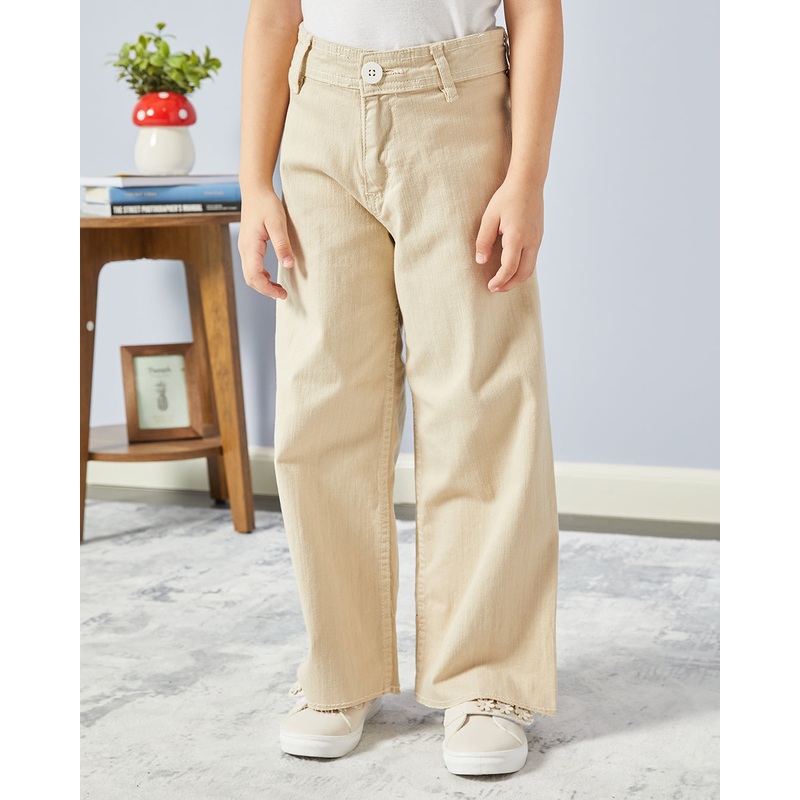Girls Beige Solid Wide Leg Jeans