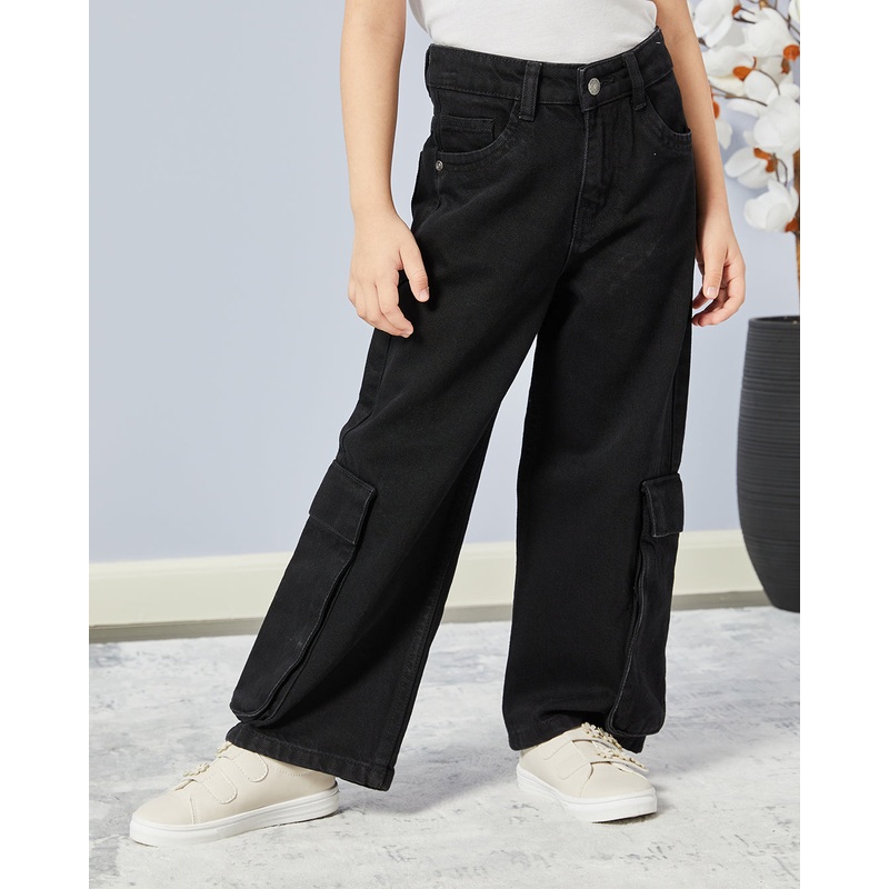 Girls Black Cargo Wide Leg Denim Jeans