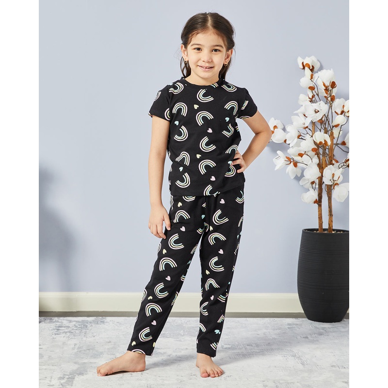 Girls Black Printed Pyjama Set (2 Piece)
