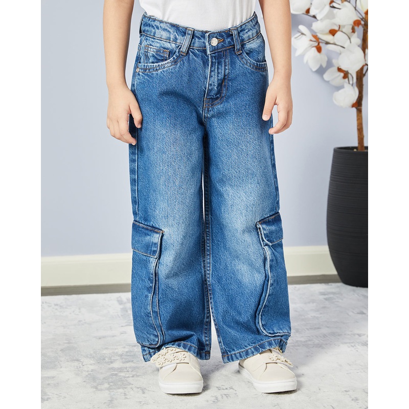 Girls Blue Cargo Wide Leg Denim Jeans