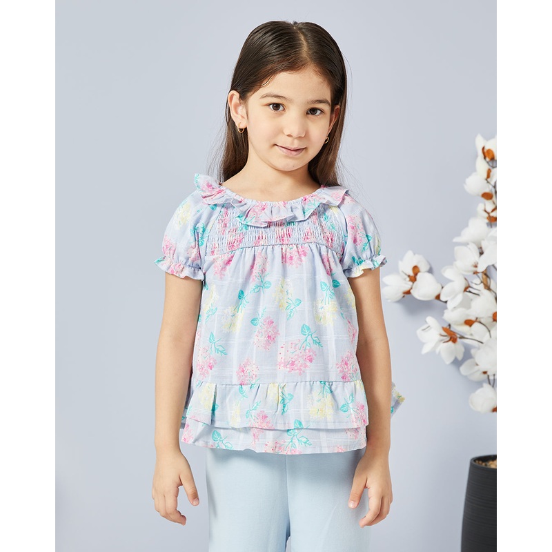 Girls Blue Floral Print With Frill Sleeve Blouse