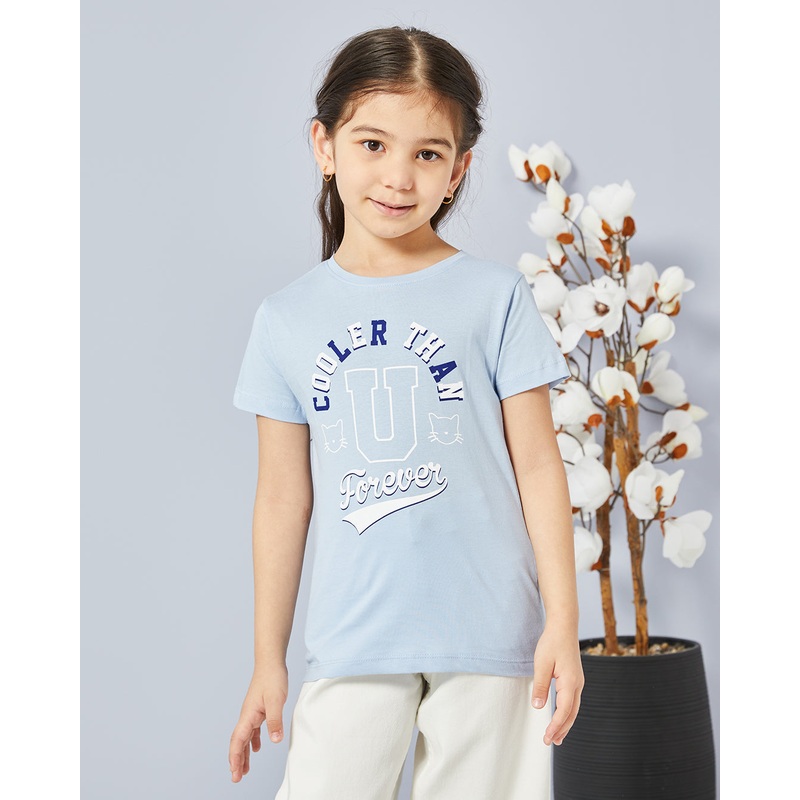 Girls Blue Printed Casual T-shirt