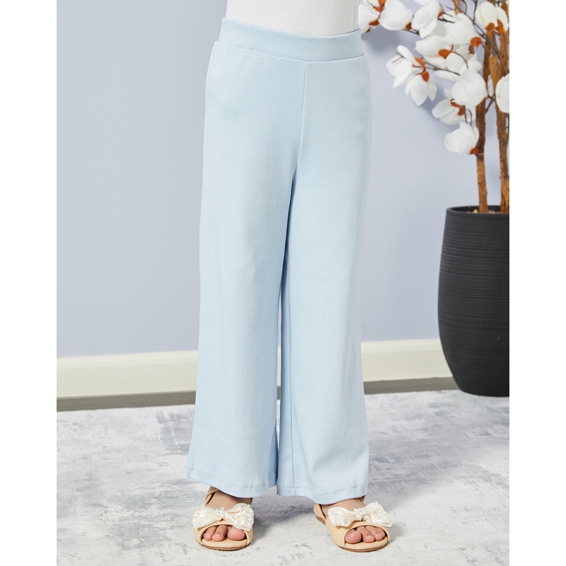 Girls Blue Solid Wide Leg Pants