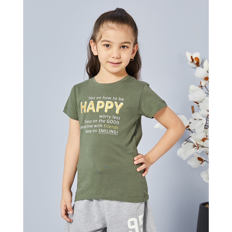 Girls Green Printed Casual T-shirt
