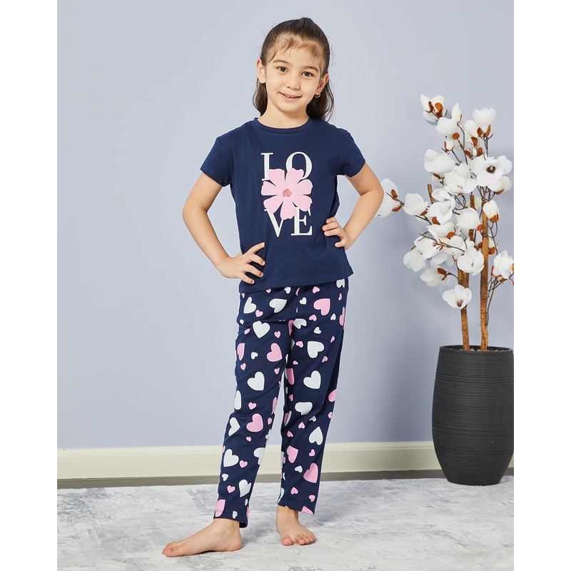 Girls Navy Printed Pyjama Set (2 Piece)