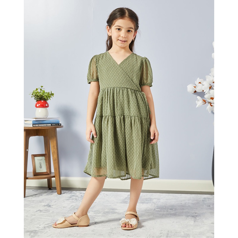 Girls Olive Embellished Casual Dress