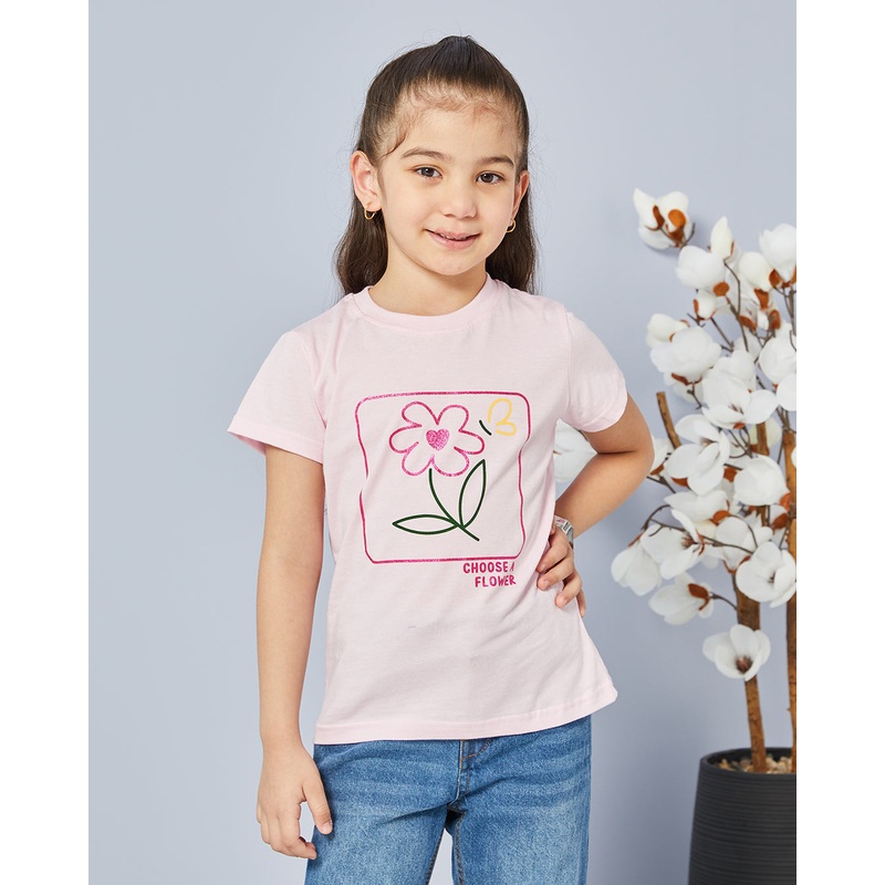 Girls Pink Printed Basic T-shirt