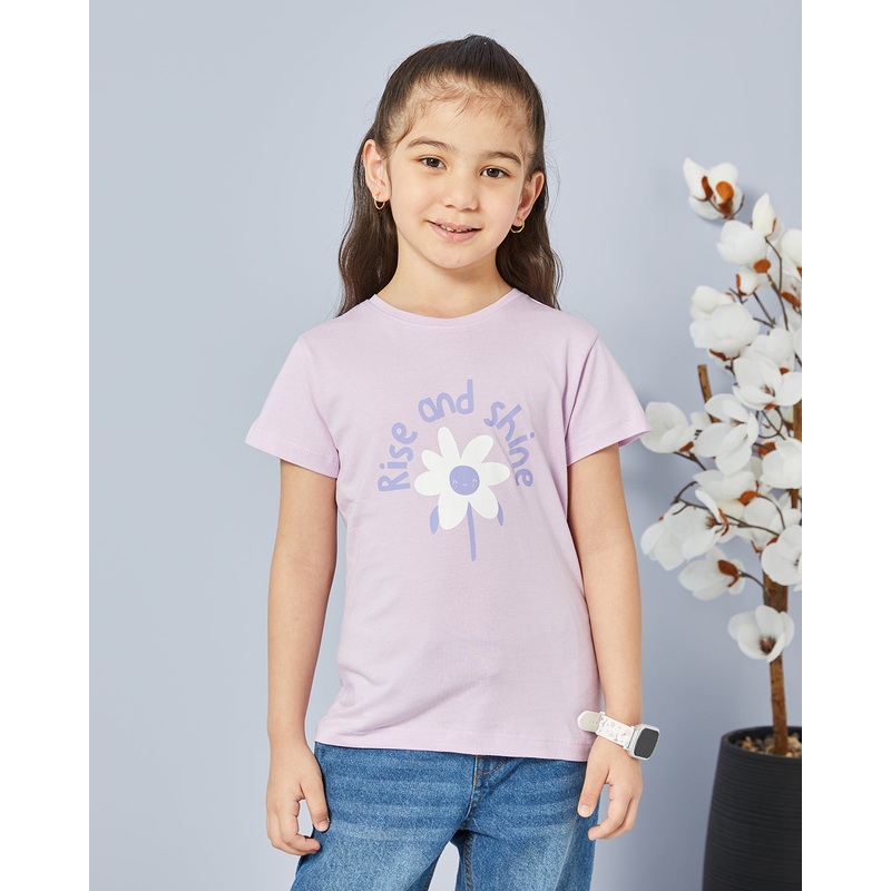 Girls Purple Printed Casual T-shirt