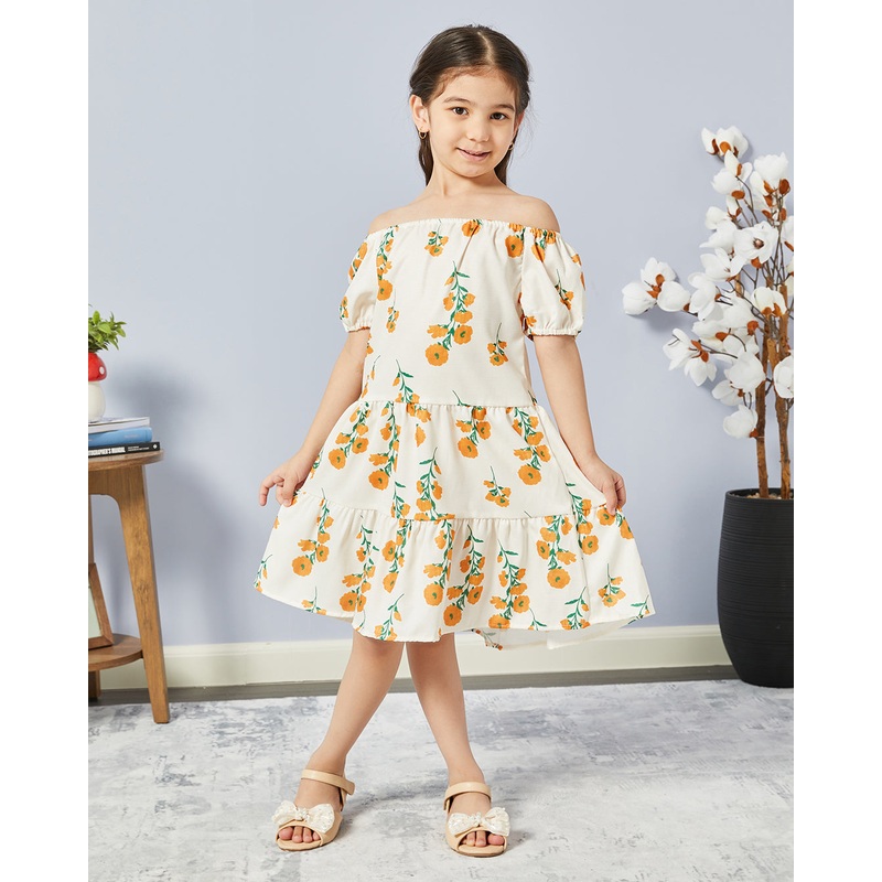 Girls White Printed Casual Dress
