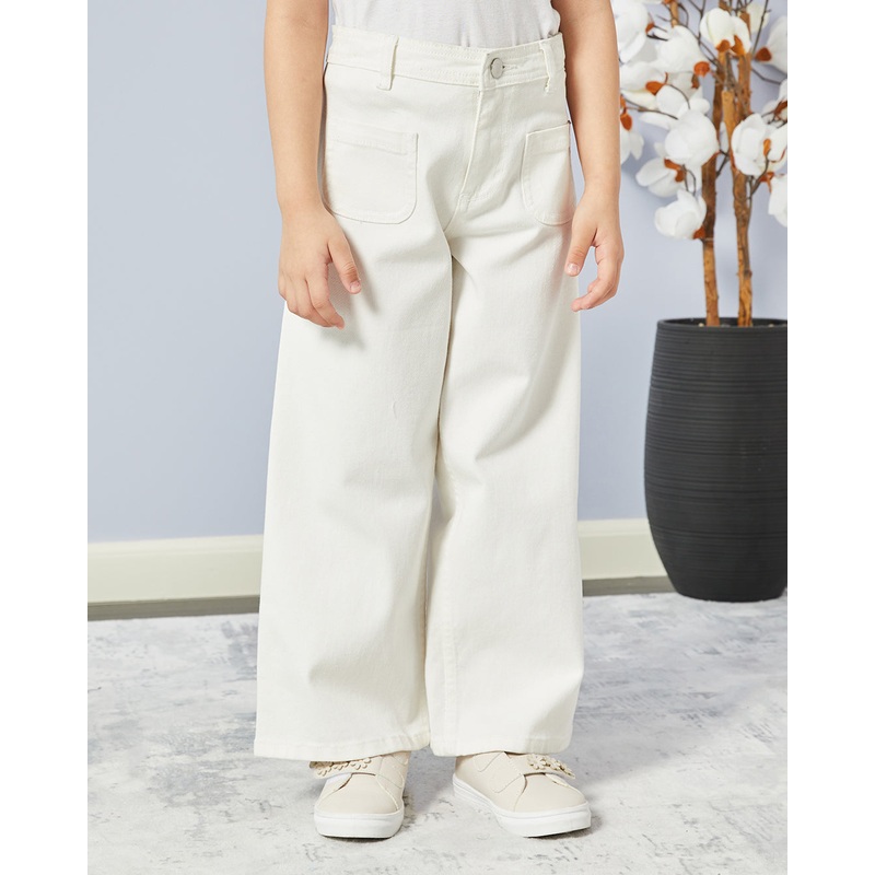 Girls White Solid Wide Leg Trousers