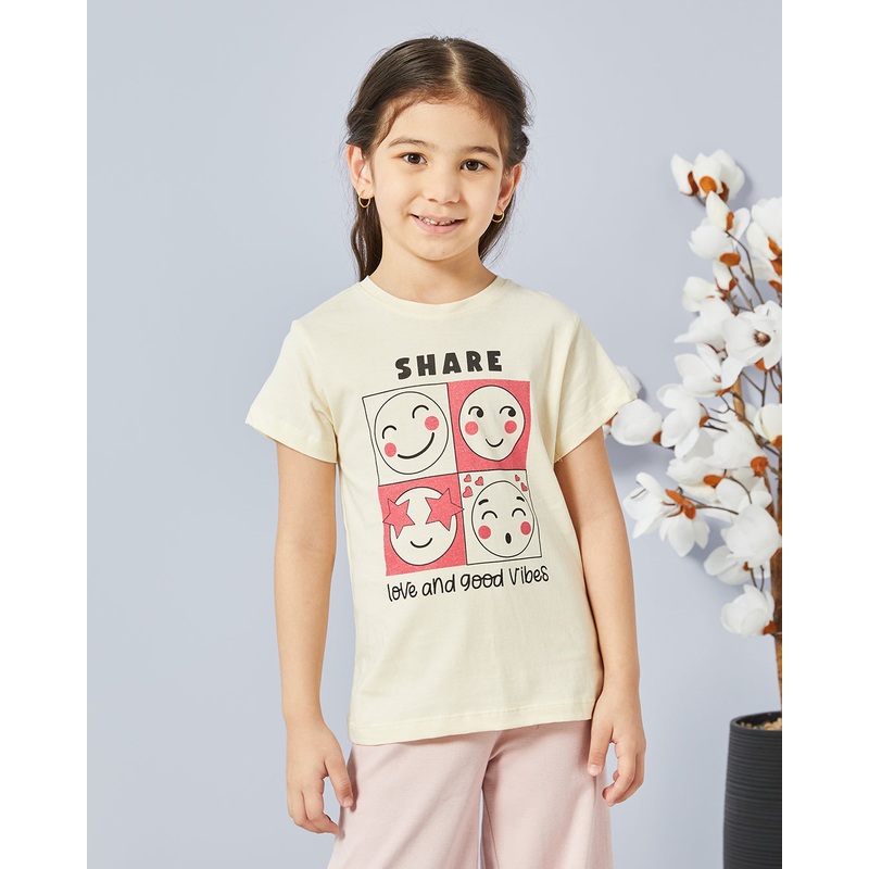 Girls Yellow Printed Casual T-shirt