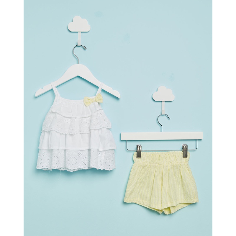 Infant Girls White And Yellow Poplin Top With Shorts (2 Piece)