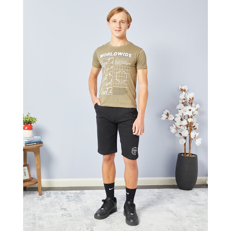 Senior Boys Beige And Black Printed Casual Set (2 Piece)