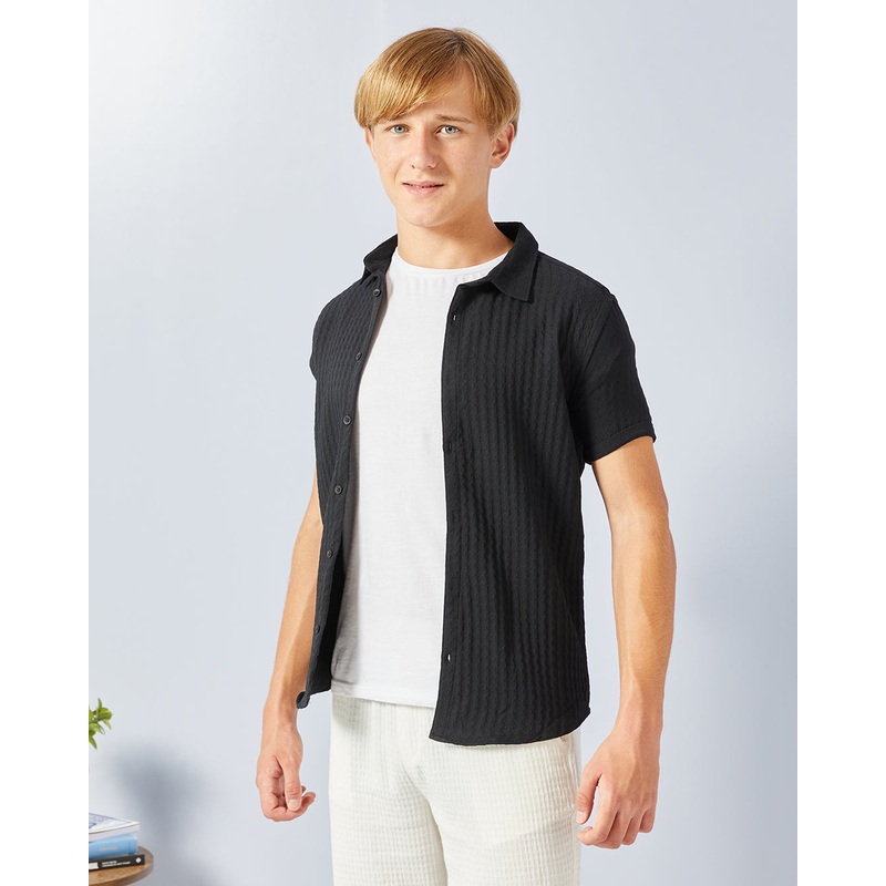 Senior Boys Black Jacquard Shirt With White T-Shirt Set (2 Piece)