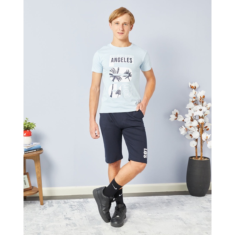 Senior Boys Blue And Navy Printed Casual Set (2 Piece)
