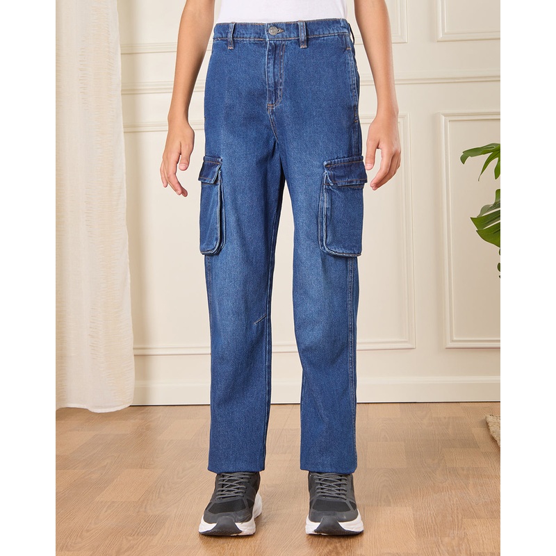 Senior Boys Navy Wide Leg Jeans With Cargo Pocket