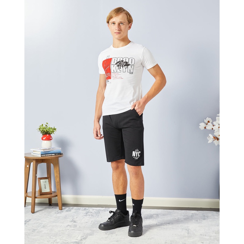 Senior Boys White And Black Printed Casual Set (2 Piece)