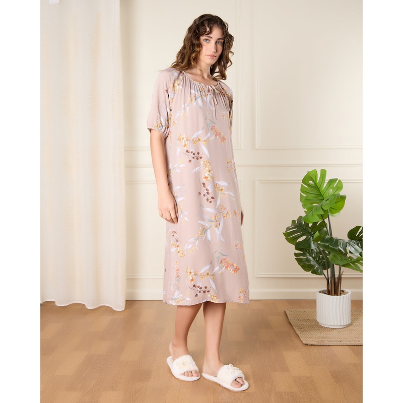 Women Beige Printed Nightgown|Medium|Large|X-Large