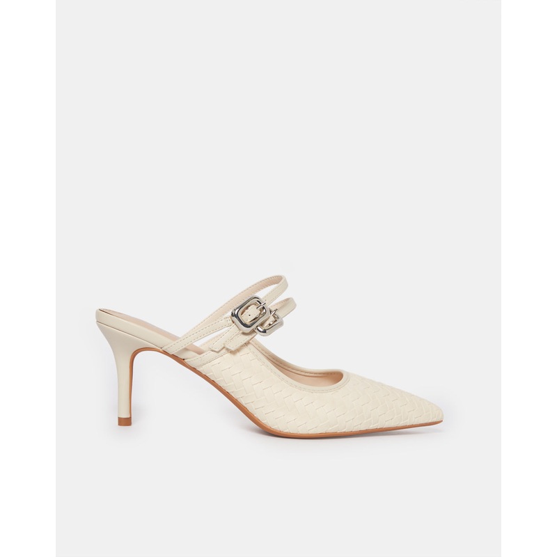 Women Beige Textured Buckle Detail Mule