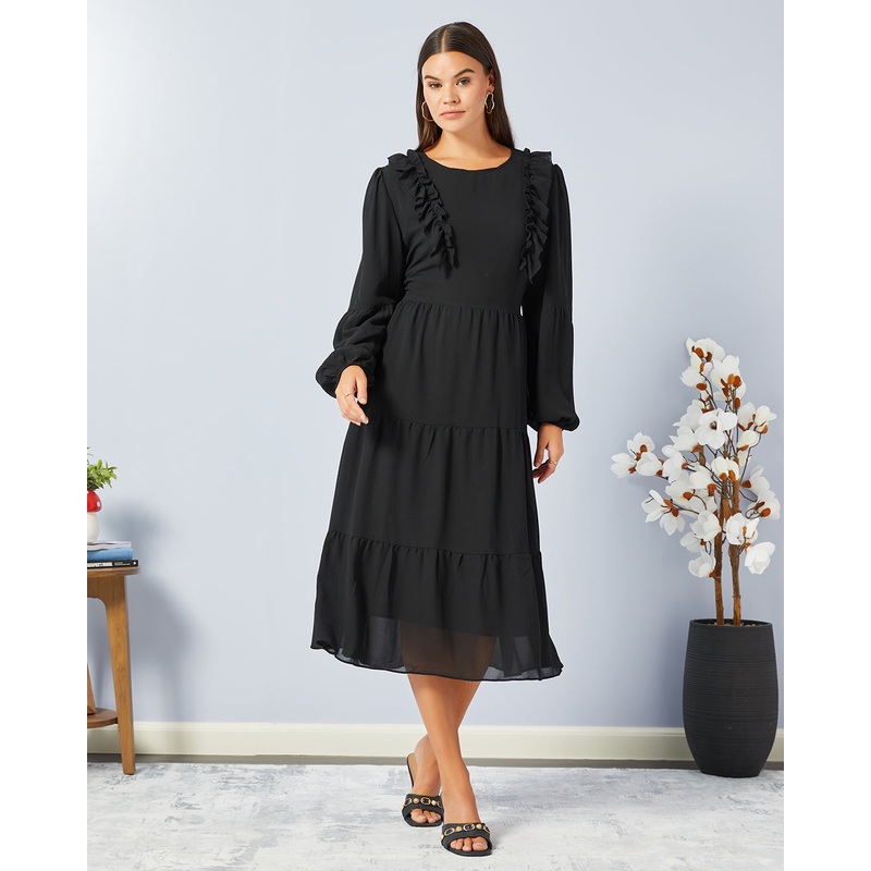 Women Black Solid Frilled Dress
