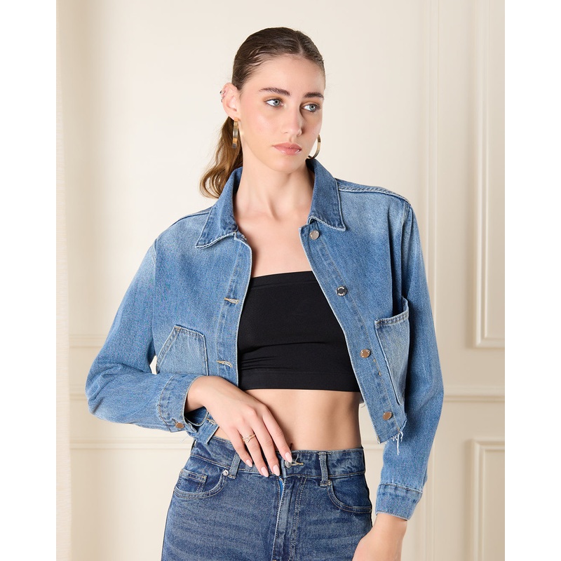 Women Blue Asymmetric Cropped Denim Jacket