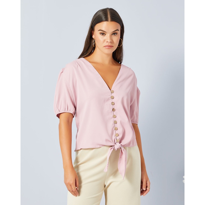Women Pink Front Tie Casual Blouse
