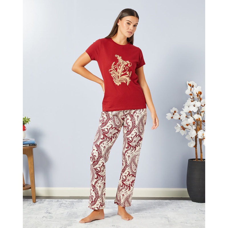 Women Red And Beige Printed Pyjama Set (2 Piece)