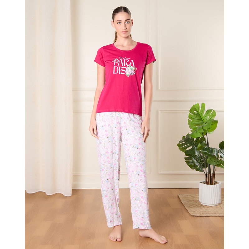 Women Red And White Printed Pyjama Set (2 Piece)