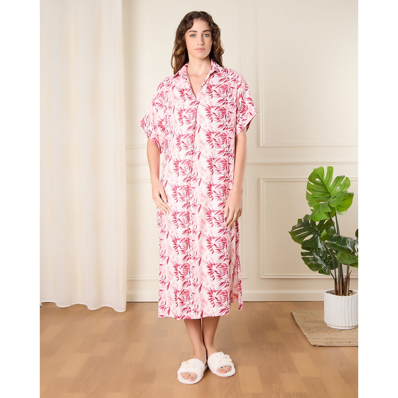 Women White And Red Printed Nightgown
