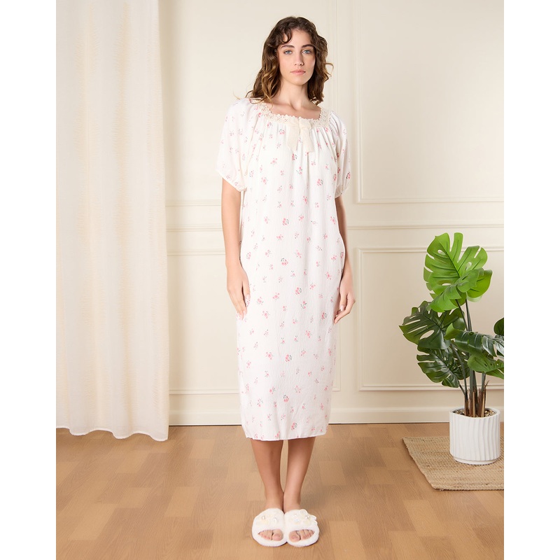 Women White Floral Print Nightgown