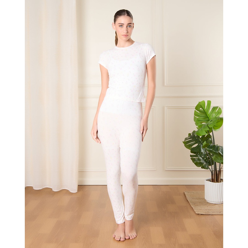 Women White Floral Print Pyjama Set (2 Piece)