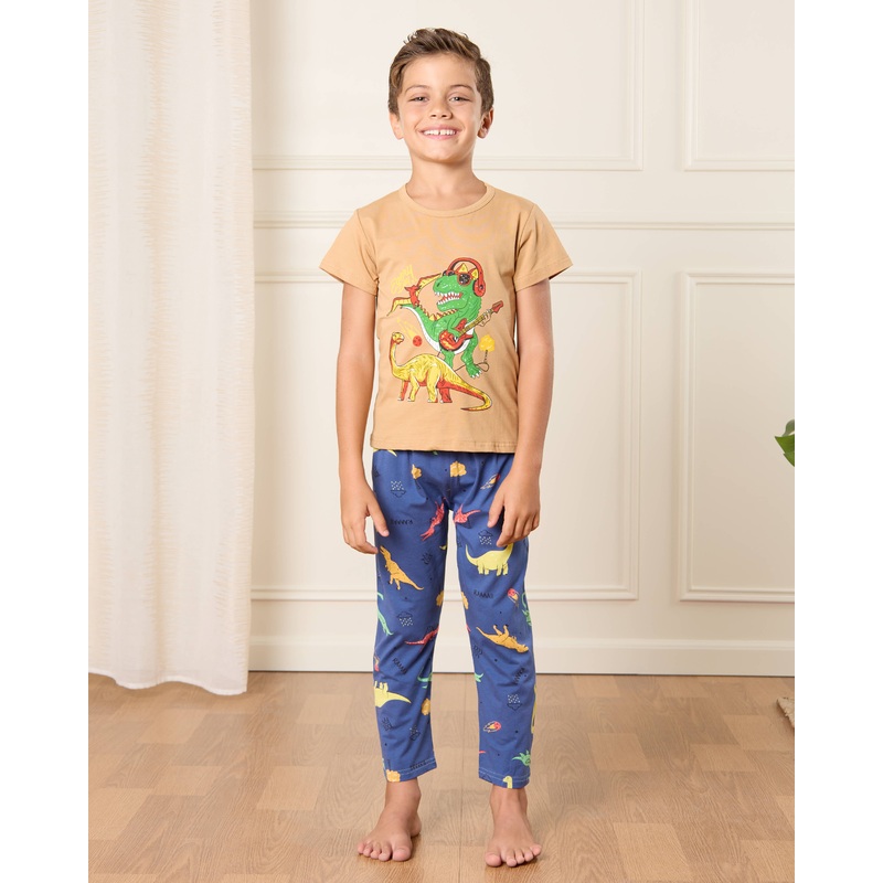 Boys Beige And Blue Printed Pyjama Set (2 Piece)