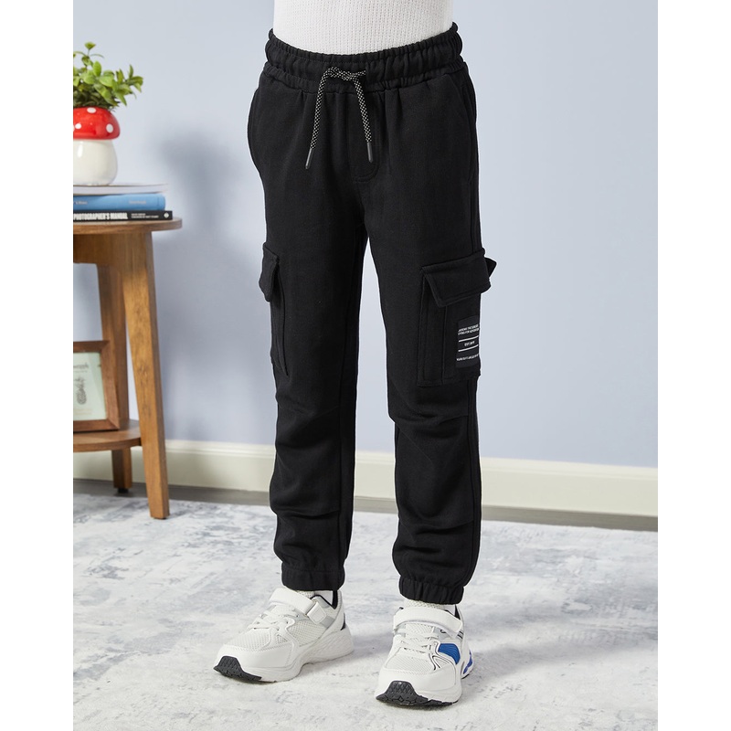Boys Black Cargo Pocket Track Pants