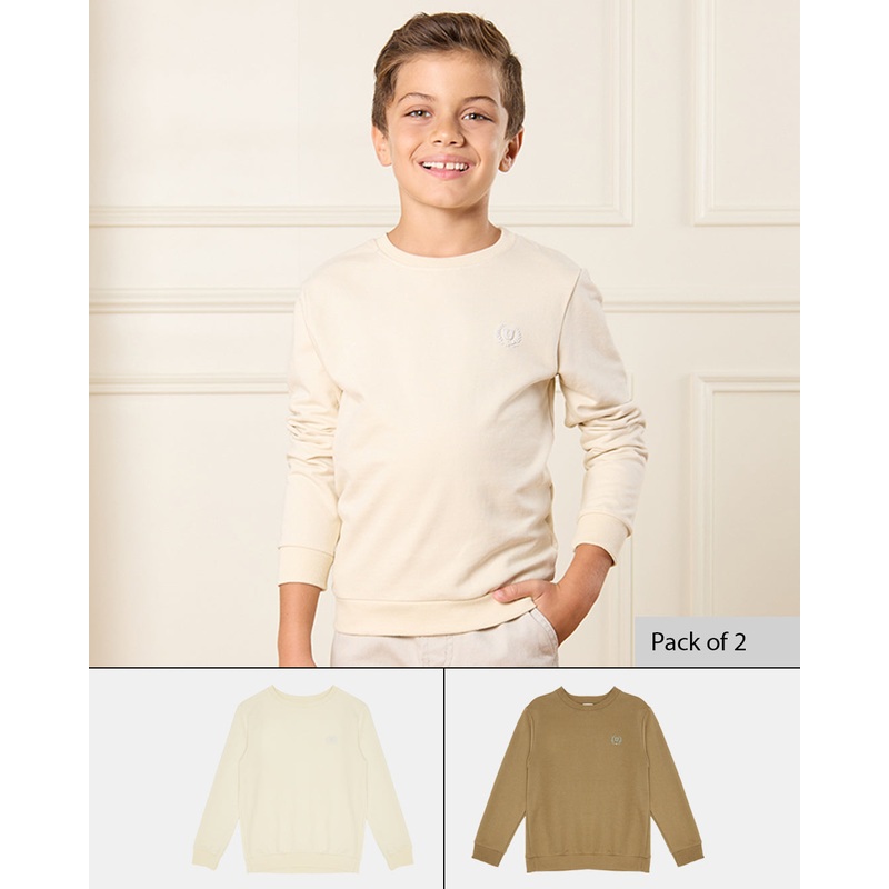 Boys Cream And Olive Solid Sweatshirt Set (Pack of 2)