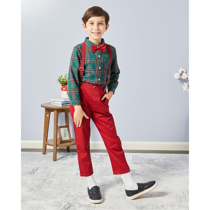 Boys Green Shirt And Red Pants Set (3 Piece)