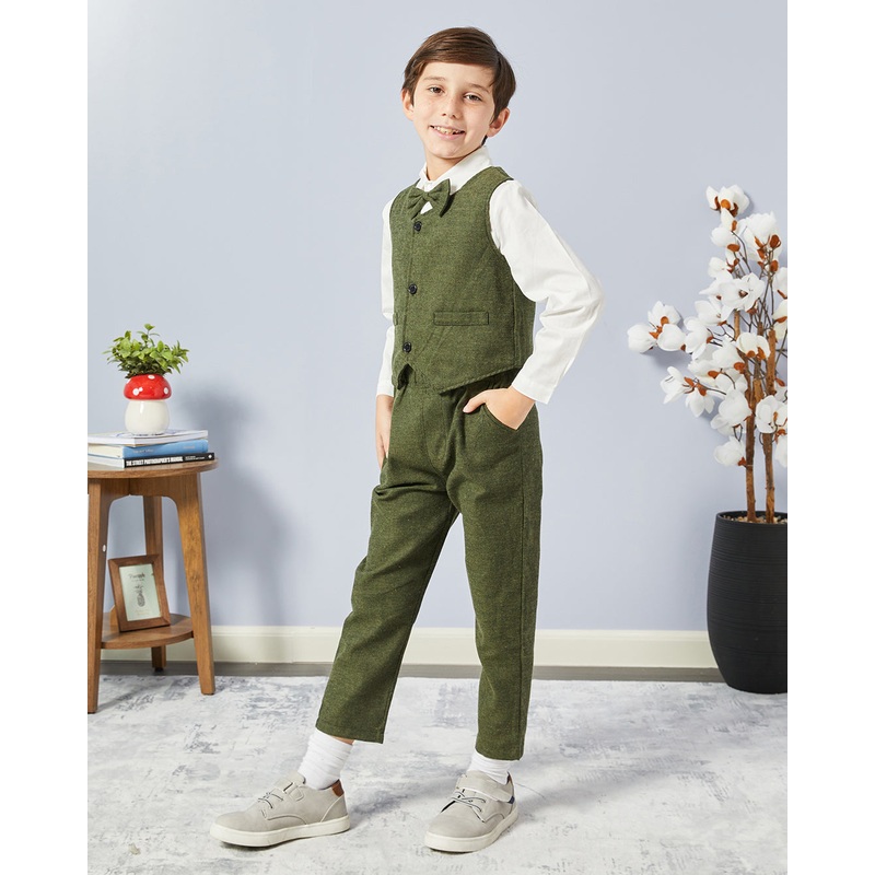Boys Green Vest Coat And Shirt Set (3 Piece)