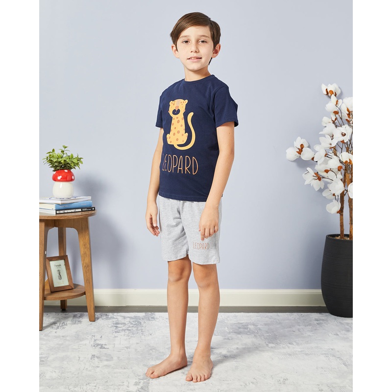 Boys Navy And Grey Printed Pyjama Set (2 Piece)