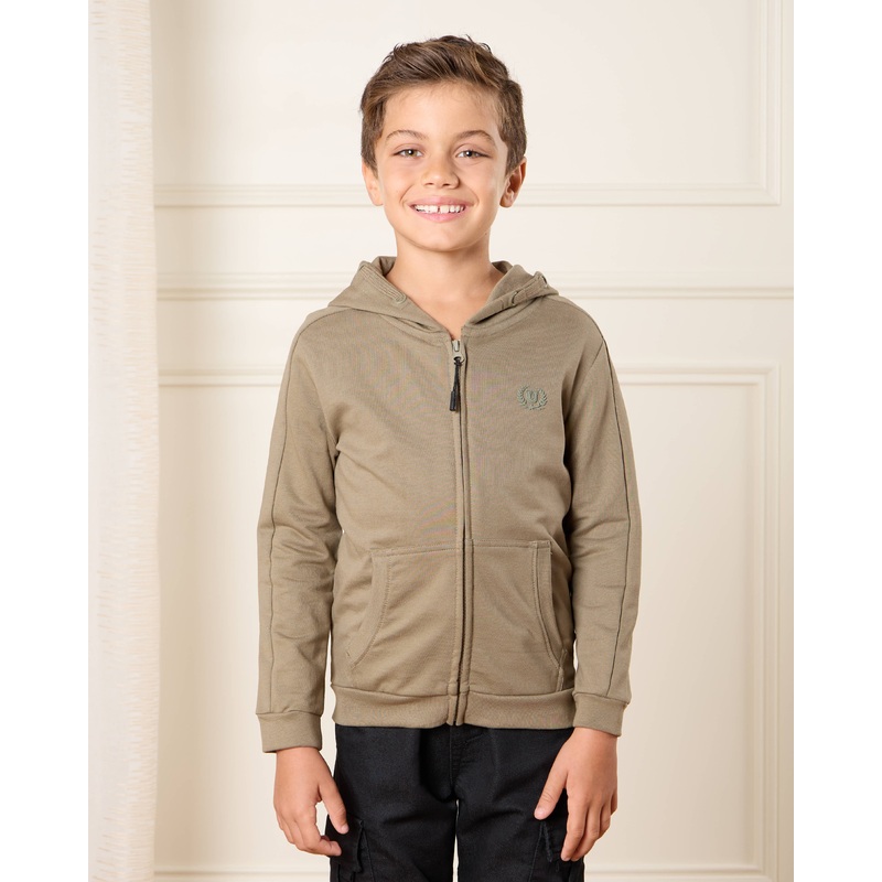 Boys Olive Solid Hooded Sweatshirt