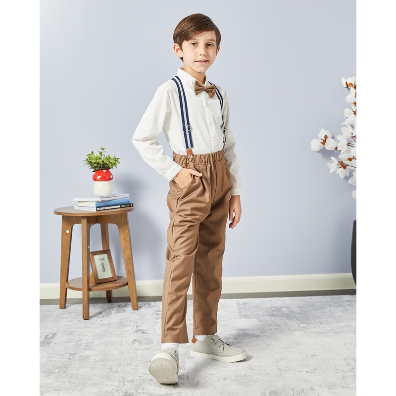 Boys White Shirt And Brown Pants Set (3 Piece)