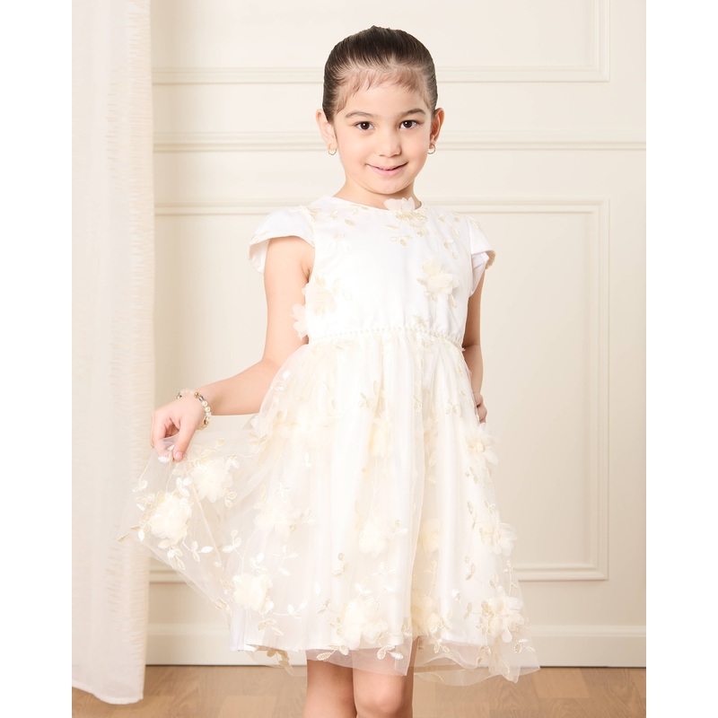 Girls Beige Floral Embellishment Dress
